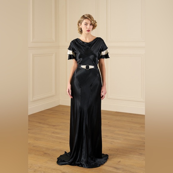 The House Of Foxy Dresses & Skirts - 1930s Paramour Bias Cut Gown - Black & Ivory Satin